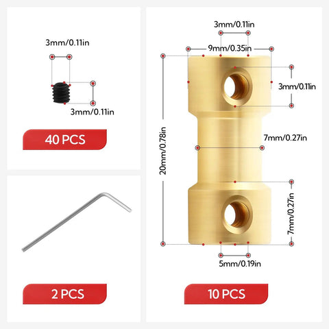 10 Pack Brass Shaft Couplers 3 mm To 5 mm With Set Screw Kit, includes screws and Allen wrench for high temperature resistant connection.