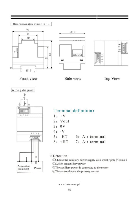 Dimensions of Heavy Duty High Voltage Sensor Module HV4825 showing front, side, and top views with wiring diagram.