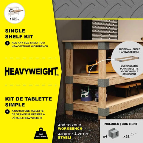Beefy DIY Workbench Hardware Kit With 24-Inch By 48-Inch Base, 500-Pound Capacity, showing shelf addition option.