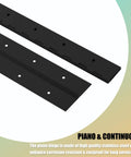 Two black 12-inch continuous piano hinges with predrilled mounting holes for cabinets or doors