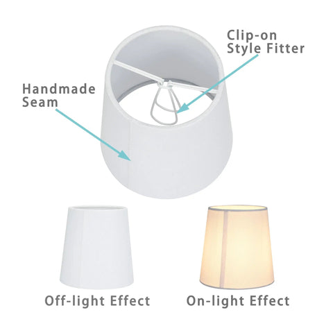 Clip On Chandelier Shade Set White Linen Small Barrel Fabric Lamp Covers Six Pack Handmade Traditional Decor Soft Cozy Glow For Vintage Living Rooms 5.2 In Diameter 4 In Depth 5.2 In Height with clip-on fitter and lighting effects