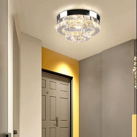 Mini Crystal Chandelier Ceiling Light Two Layer Ring Design Flush Mount Modern Lighting for Hallway Staircase Kitchen Bathroom Multicolor LEDs 30W 110V Easy Install Sleek Home Decor
