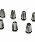 Premium 7Pc ER11 Spring Collet Chuck Set With Self Release Tool Holder For Milling And Grinding Machines Including High Grade Steel Bits Ranging 1 To 7 Mm. Set of seven carbon steel collet chucks on a white background.