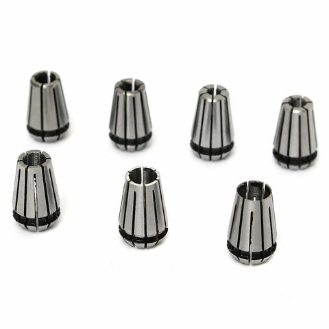 Premium 7Pc ER11 Spring Collet Chuck Set With Self Release Tool Holder For Milling And Grinding Machines Including High Grade Steel Bits Ranging 1 To 7 Mm. Set of seven carbon steel collet chucks on a white background.