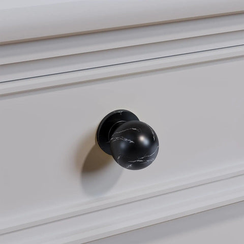 Top Tier Black Marble Cabinet Knobs And Round Drawer Handles 1 Inch Diameter 10 Pack Solid Aluminum Alloy No Sweat Mount Screws Included on white drawer.