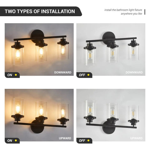 Two installation options for Three Light Matte Black Vanity Light With Clear Glass Shades For Bathroom, upward and downward.