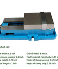 No Nonsense Six Inch Mill Vise Without Base featuring blue cast iron construction and steel jaws, shown from side angle with dimensions.