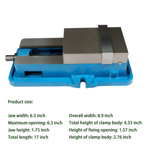 No Nonsense Six Inch Mill Vise Without Base featuring blue cast iron construction and steel jaws, shown from side angle with dimensions.