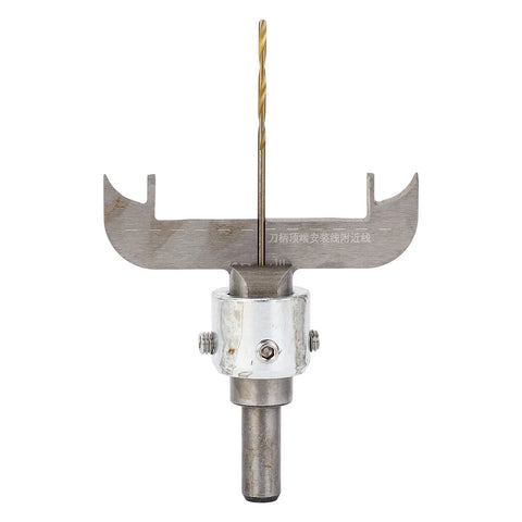 Front view of Baxnore wooden ring drill bit tool with HSS cutter mounted in metal brace