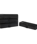 Go To Travel Packing Cubes Set Four Piece With Mesh Top Luggage Organizer Double Zipper Space Saving Slim Design For Suitcases Backpacks And Carry Ons, showing stack of four black cubes