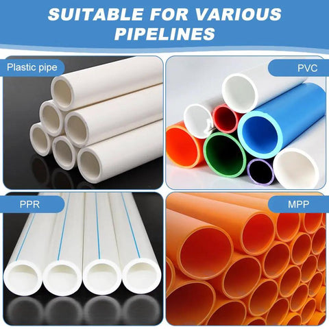 Various types of plastic, PVC, PPR, and MPP pipes displayed, highlighting suitability for diverse pipelines.
