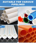 Assortment of plastic, PVC, PPR, and MPP pipes arranged by type, illustrating suitability for various pipelines.