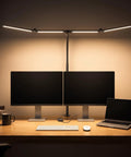 Ultra Wide 31.5 Inch Desk Lamp With Clamp 24W 1800LM Auto Dimming Five Color Modes Timer Tall Architect Desk Light For Home Office Large Bright Desk Lamp For Big Work Surfaces over dual monitors and laptop on wooden desk