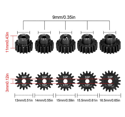 Beefy 32P Pinion Gear Set for 1/10 RC Electric Off Road Trucks, 15T-19T, 3.175mm Bore, 0.8 Mod, Hardened Steel Gears Displayed