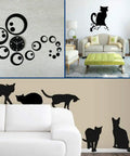 Wall art featuring black cat silhouettes and a modern clock design with circular patterns for decorative home interiors.