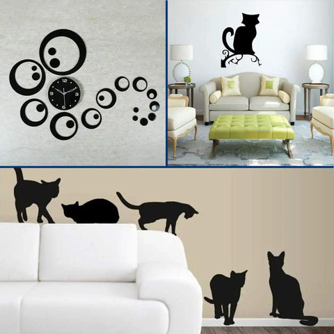 Wall art featuring black cat silhouettes and a modern clock design with circular patterns for decorative home interiors.