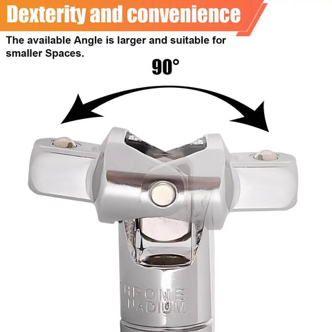 3 Piece Universal Joint Socket Set For One Quarter Inch Drive, Three Eighth Inch Drive And One Half Inch Drive With Swivel Ratchet Sockets, Chrome Vanadium Steel, Built Tough For Auto Maintenance And Repairs, 90-degree swivel joint close-up