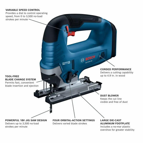 18V Brushless Top Handle Jig Saw With 3500 No Load Strokes Per Minute Die Cast Aluminum Footplate With No Mar Overshoe Variable Speed Control 0 To 3500 SPM Bare Tool For Pros, showing product features and design details