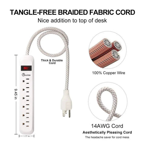 Power Strip Surge Protector With Six Outlets And A Two Foot Braided Fabric Extension Cord 300 Joules Wall Mounted Overload Protection Ideal For Home Or Office Durable Go To Tangle Free Design 2 Pack showing copper wire and cord thickness