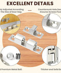 Eight Pack Stainless Steel Cabinet Latches Spring Latch Heavy Duty Silver For Kitchen And Bathroom, 67mm Long 12mm Wide 17mm Deep, Mounting Holes 4mm And 4.5mm, Universal Fit For Quick Replacement Of Damaged Cabinet Doors. Stainless steel cabinet latch with countersunk holes and spring ball detail.