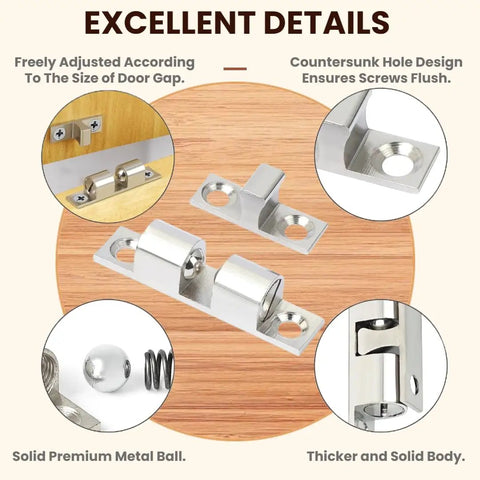 Eight Pack Stainless Steel Cabinet Latches Spring Latch Heavy Duty Silver For Kitchen And Bathroom, 67mm Long 12mm Wide 17mm Deep, Mounting Holes 4mm And 4.5mm, Universal Fit For Quick Replacement Of Damaged Cabinet Doors. Stainless steel cabinet latch with countersunk holes and spring ball detail.
