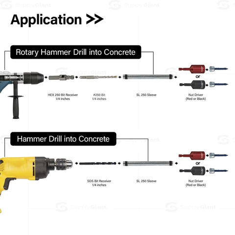 Diagram showing SL 250 Sleeve One Drill Installation Tool Designed For Concrete And Wood Quick Connect Sleeve in use with drills