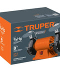 Badass Eight Inch Bench Grinder With Serious Three Quarter Horsepower Motor for metal sharpening, featuring two grinding wheels.