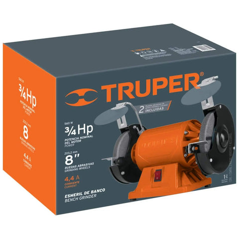 Badass Eight Inch Bench Grinder With Serious Three Quarter Horsepower Motor for metal sharpening, featuring two grinding wheels.