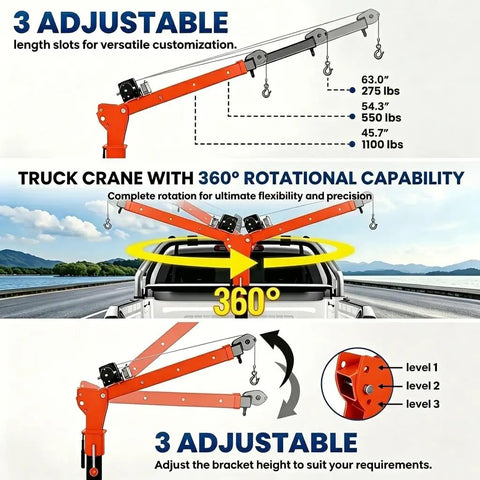 Heavy Hitter 1100 Lbs Truck Mounted Crane With 2000 Lbs Electric Winch, folding jib arm, 360° rotation for customizable lifting.