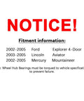 Notice with fitment information for 2 Pack Front Wheel Hub Bearing Assemblies With ABS Sensor Exact Fit For 2002 Through 2005 Ford Explorer RWD And 2003 Through 2005 Lincoln Aviator And 2002 Through 2005 Mercury Mountaineer 5 Lug, indicating torque specifications.
