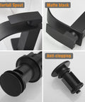 Matte Black Waterfall Bathroom Faucet with Pop Up Drain and Deck Plate RV Vanity Vessel Sink Faucet with Single Handle for One or Three Hole Install Includes CUPC Supply Lines Flexible Hoses Easy DIY Upgrade with close-up on spout and anti-clogging drain.