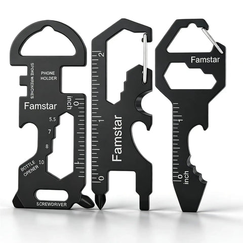 3 Pack Keychain Multi Tool Wrench Ruler Bottle Opener For Men Compact Metal Pocket Gadget black design front view