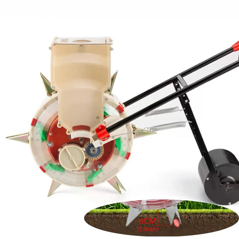 Close-up of No Bending Over Hand Push Seeder For Garden Beds And Lawns Semi Automatic Planter showing side mechanism and depth setting.