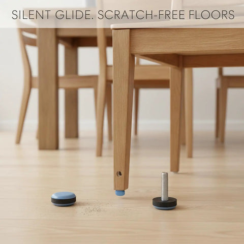 Screw In PTFE Furniture Glides Three Quarters Inch Round Blue Floor Protectors for hardwood and tile floors shown by chair