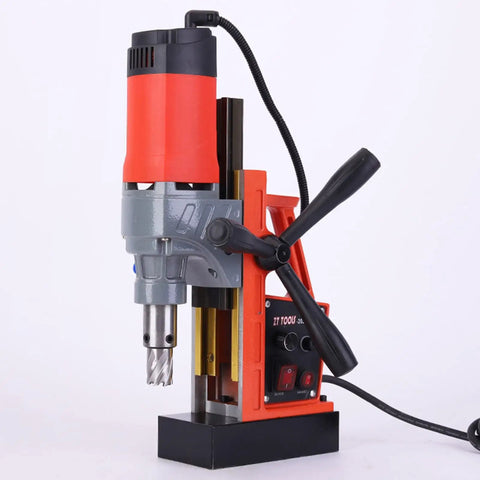 Powerful 1280W Portable Magnetic Drill Press With Super Strong Electromagnet for heavy duty metal drilling tasks, showing drill head and controls.