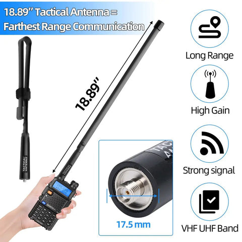High Gain 18.89 Inch Dual Band Ham Radio Antenna 144/430 MHz for UV-5R BF-F8HP, foldable and durable tactical use.