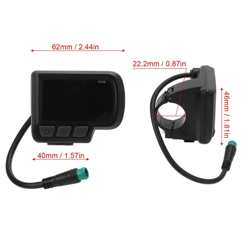 EN06 LCD Display Panel For Electric Bikes With USB Power Real Time Speed And Battery Readout Waterproof Connector, dimensions shown