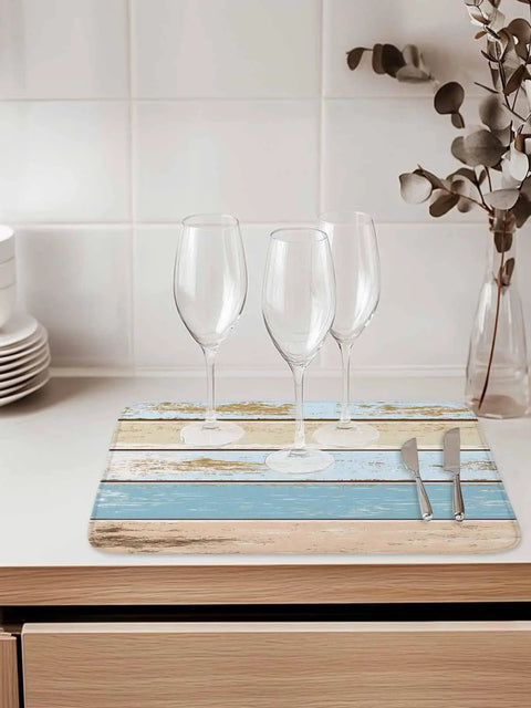 Wood Grain Blue Beige Dish Drying Mats 2 Pack For Kitchen Counter 18x24 Inches Vintage Farm Microfiber Absorbent with glasses