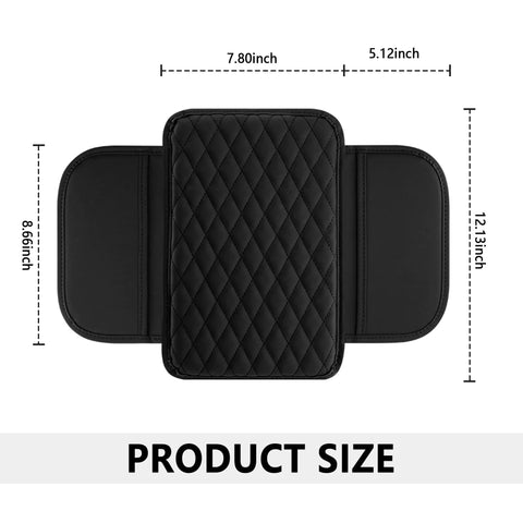 Must Have Upgraded Car Center Console Cover With Microfiber Leather Armrest Cushion And Dual Storage Pockets Universal Fit Car Armrest Storage Box For All Cars Black, showing product size and dimensions.