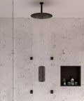 HomeStock Modern Thermostatic Shower System with Separate Temperature & Pressure Controls, Matte Black Finish, overhead view with water cascading down.