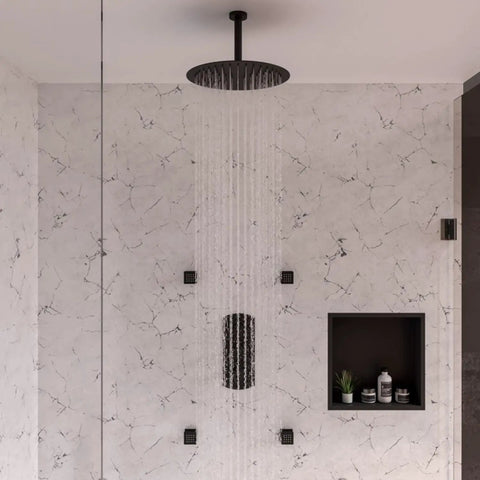 HomeStock Modern Thermostatic Shower System with Separate Temperature & Pressure Controls, Matte Black Finish, overhead view with water cascading down.