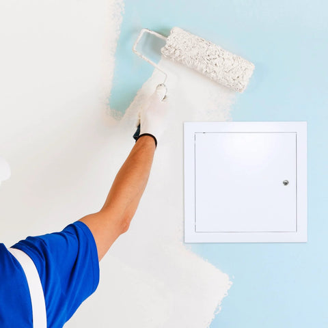 QWORK 10x10 flush aluminum alloy access door panel, white powder-coated finish installed in drywall.