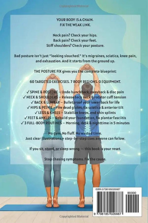 Back cover of illustrated exercise book titled 'Kick Bad Posture To The Curb With This Legit Illustrated Exercise Book To Slay Chronic Neck And Back Pain And Restore Smooth Full Body Alignment Straight Up At Home For Long Term Wellness', showing multiple exercises.