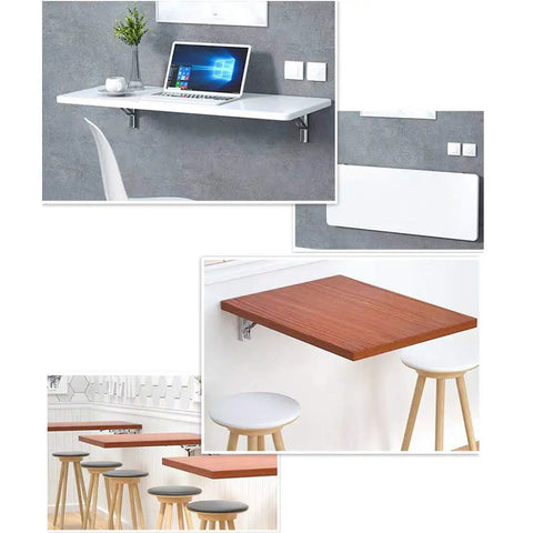 Industrial Grade Folding Angle Brackets, stainless steel shelf supports for wall-mounted table with laptop and decor.