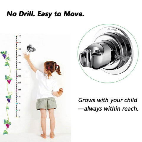 Child reaching for Sturdy Chrome Suction Cup Shower Head Holder For Handheld Showers No Drill Required Easy Peasy Install