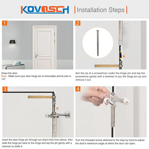 Installation steps for Six Pack Adjustable Hinge Pin Door Stopper Set In Brushed Satin Nickel Heavy Duty Door Stops With White Rubber
