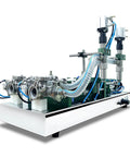 Heavy Duty Horizontal Liquid And Paste Filling Machine With Dual Pneumatic Heads, Adjustable Stainless Steel Bottle Filler For Food And Chemical Jobs, Pro Grade Copper Motor, Built Tough For Any Garage Or Workshop Build, side view showcasing dual heads and stainless steel hoses.