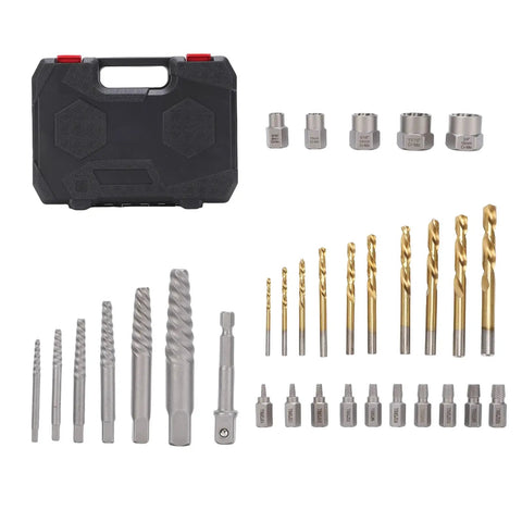 Grab This Awesome 32 Pc Screw Extractor Set With Heavy Duty Reverse Drill Bits For Fixing Stripped Bolts And Broken Nuts Like A Boss Using Tough Chrome Molybdenum Steel Tools With Storage Case, case and drill bits