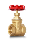 Front view of brass gate valve with red wheel handle, 1-inch NPT, female-to-female threaded for water/oil/gas plumbing