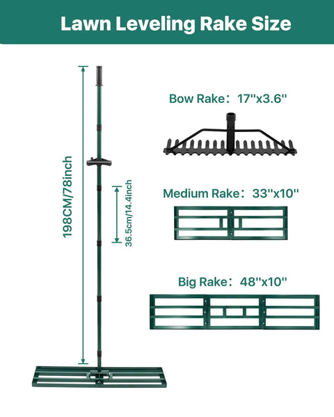 Lawn Leveling Rake sizes with 78 inch handle, 17 inch tines head, 33x10 inch medium rake, and 48x10 inch big rake.